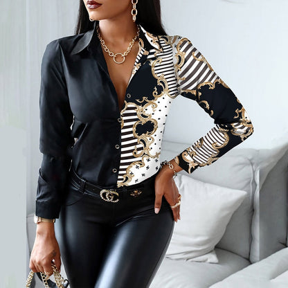 xakxx Women Fashion Shirt Lady Long Sleeve Blouse Turn-Down Collarbutton Design Print  Casual Shirts