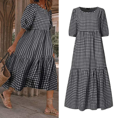 xakxx Summer Dress  Women Casual Short Sleeve Plaid Printed Sundress Loose Pleated Mid-Calf Dresses Femme Party Robe
