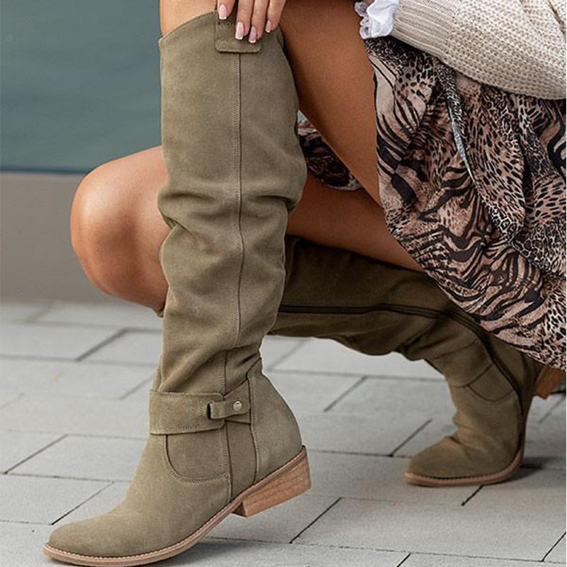 xakxx Thanksgiving Women Knee High Boots Solid Color Suede Lady Flats Winter Warm Comfortable Female Shoes Point Toe Zipper Low Heel Tall Boot