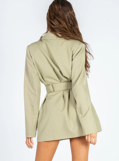 xakxx Women Solid Color Blazer Trench Coat Autumn Spring Office Lady Long Sleeve Tailored Collar Suit Jacket With Belt