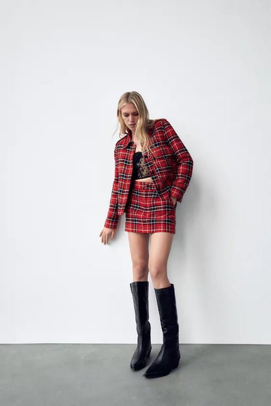 xakxx Autumn And Winter New Plaid Red Jacket Women's Long Sleeve Korean Loose Fashion Coat Patchwork Blazer Coats