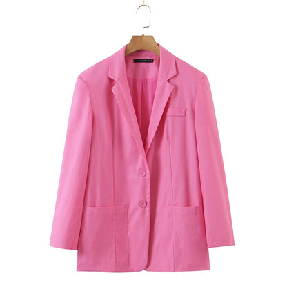 xakxx Women Fashion Loose Blazer Mujer Double Pockets Single Breasted Chic Suit Jacket Ladies Green Streetwear Outerwear