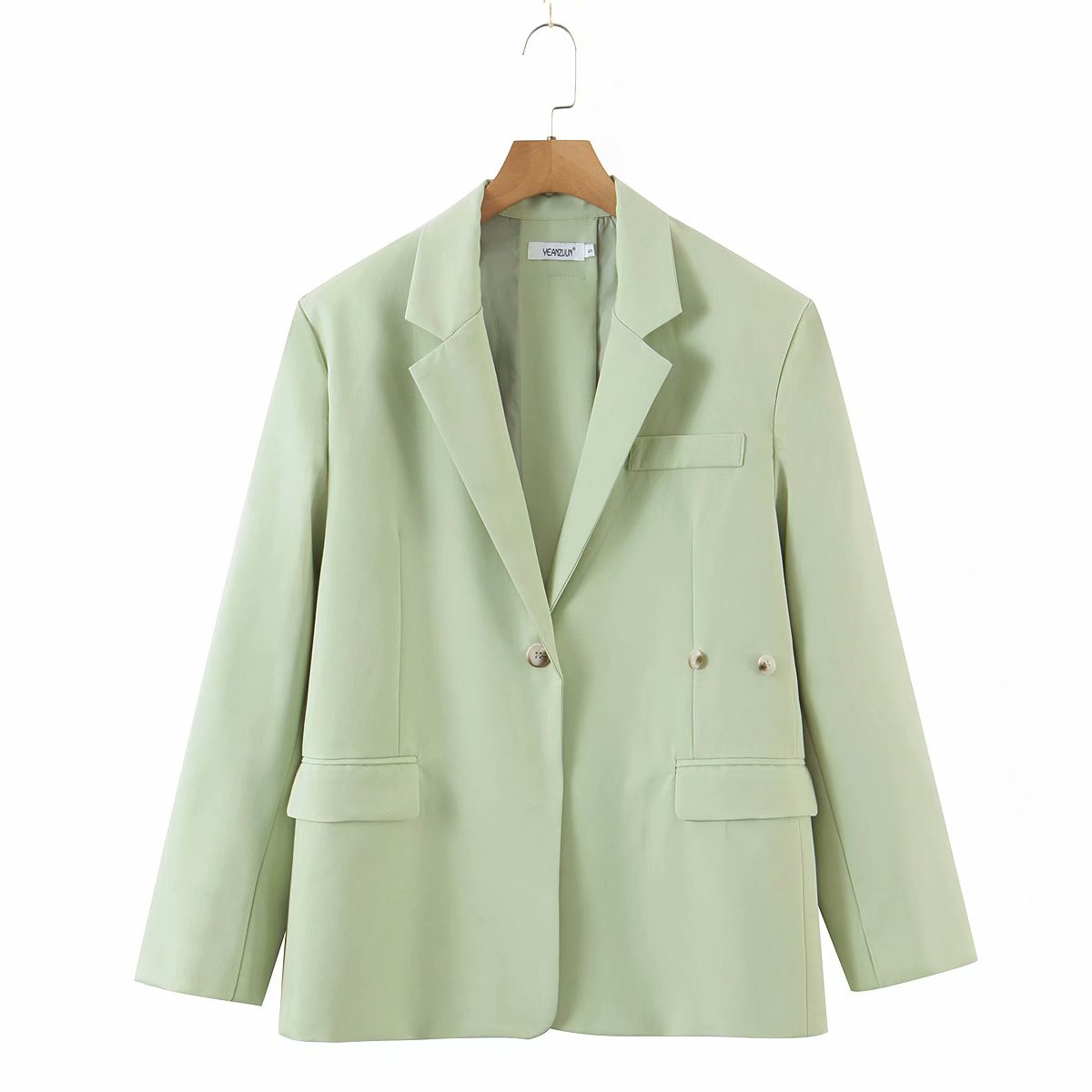 xakxx Women's Autumn Fashion Grass Green Blazer Ladies Chic Buttoned Top Retro Long Sleeve Lapel Casual Jacket