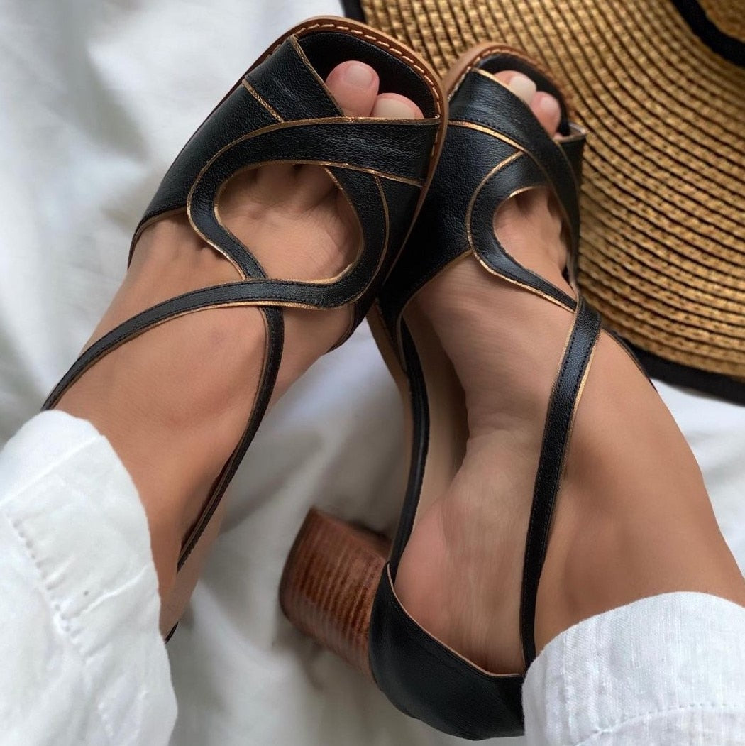 xakxx Mid Heel Sandals Summer Handmade Ladies Heels Mixed Colors Women Slip-On Peep Toe Ladies Pumps Square Heel Casual Shoes