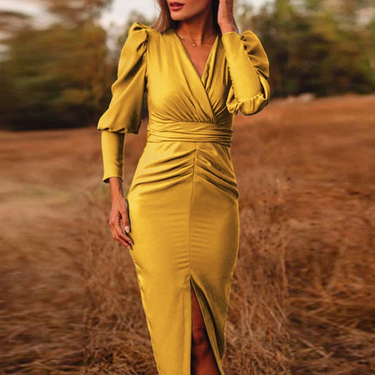 xakxx Women Puff Sleeve Sundress Celmia  Elegant Party Dress Slit Hem Solid V Neck Pleated Stain Vestidos Bodycon Robe