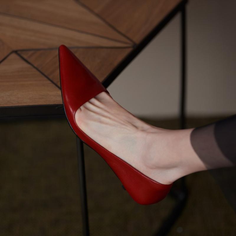 xakxx Fall Outfit Low Heel Shoes For Women Summer Leather Slip-On Office Dress Shoes Pointed Toe Female Wedding Bridal Shoes Ladies Pumps