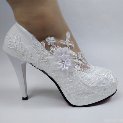 xakxx  White Flower Pumps New arrival womens wedding shoes Bride High heels platform shoes for woman ladies party dress shoes