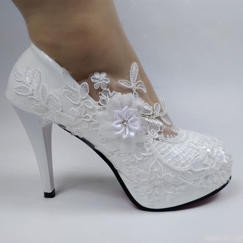 xakxx  White Flower Pumps New arrival womens wedding shoes Bride High heels platform shoes for woman ladies party dress shoes