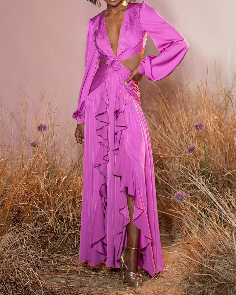 xakxx Back to school New High Waist V-Neck Women's Dress Pleated Solid Color Ruffled Dress Dresses  Long Sleeve Dress  Sexy Dress Women