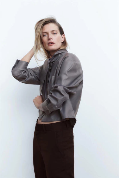 xakxx Spring Autumn New Elegant Solid Jacket Bow Tie Women Long Sleeve Jacket PU Fashion Lady Office Coat Tops