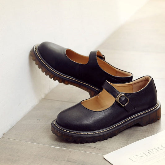 xakxx Retro Buckle Strap Women Mary Janes Shoes Summer Solid Color Shallow Shoes Ladies Spring Autumn Cow Split Leather Comfort Pumps