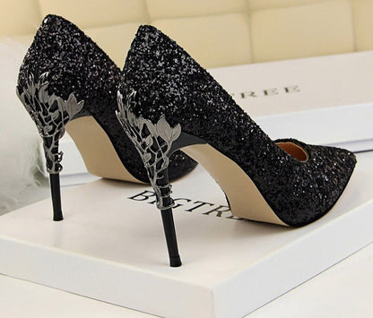 xakxx  New Spring Women Pumps High Thin Heels Pointed Toe Metal Decoration Sexy Bling Bridal Wedding Women Shoes Gold High Heels