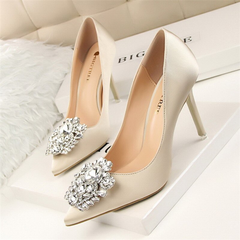 xakxx Silver Gray Black Women Bridal Wedding Shoes Faux Silk Satin Rhinestone Crystal Shallow Woman Pumps Stiletto High Heel