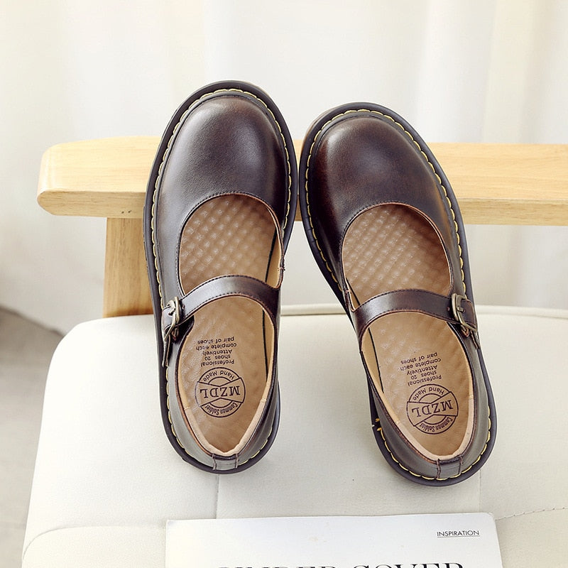 xakxx Retro Buckle Strap Women Mary Janes Shoes Summer Solid Color Shallow Shoes Ladies Spring Autumn Cow Split Leather Comfort Pumps
