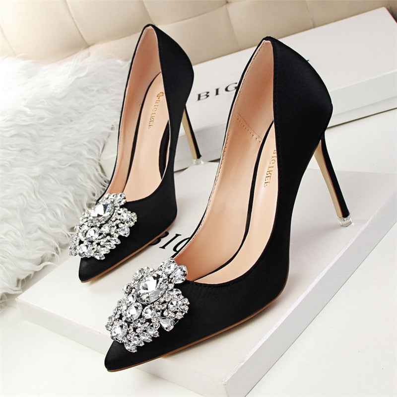 xakxx Silver Gray Black Women Bridal Wedding Shoes Faux Silk Satin Rhinestone Crystal Shallow Woman Pumps Stiletto High Heel