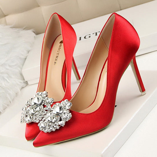 xakxx Silver Gray Black Women Bridal Wedding Shoes Faux Silk Satin Rhinestone Crystal Shallow Woman Pumps Stiletto High Heel