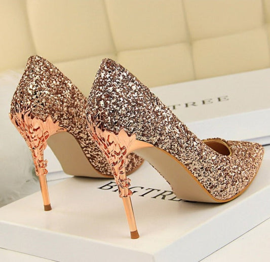 xakxx New Spring Women Pumps High Thin Heels Pointed Toe Metal Decoration Sexy Bling Bridal Wedding Women Shoes Gold High Heels
