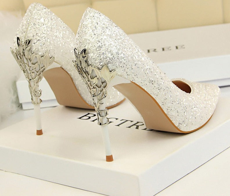 xakxx  New Spring Women Pumps High Thin Heels Pointed Toe Metal Decoration Sexy Bling Bridal Wedding Women Shoes Gold High Heels