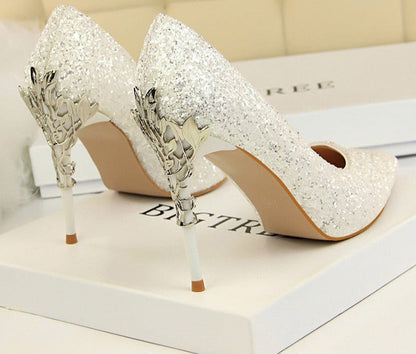 xakxx  New Spring Women Pumps High Thin Heels Pointed Toe Metal Decoration Sexy Bling Bridal Wedding Women Shoes Gold High Heels