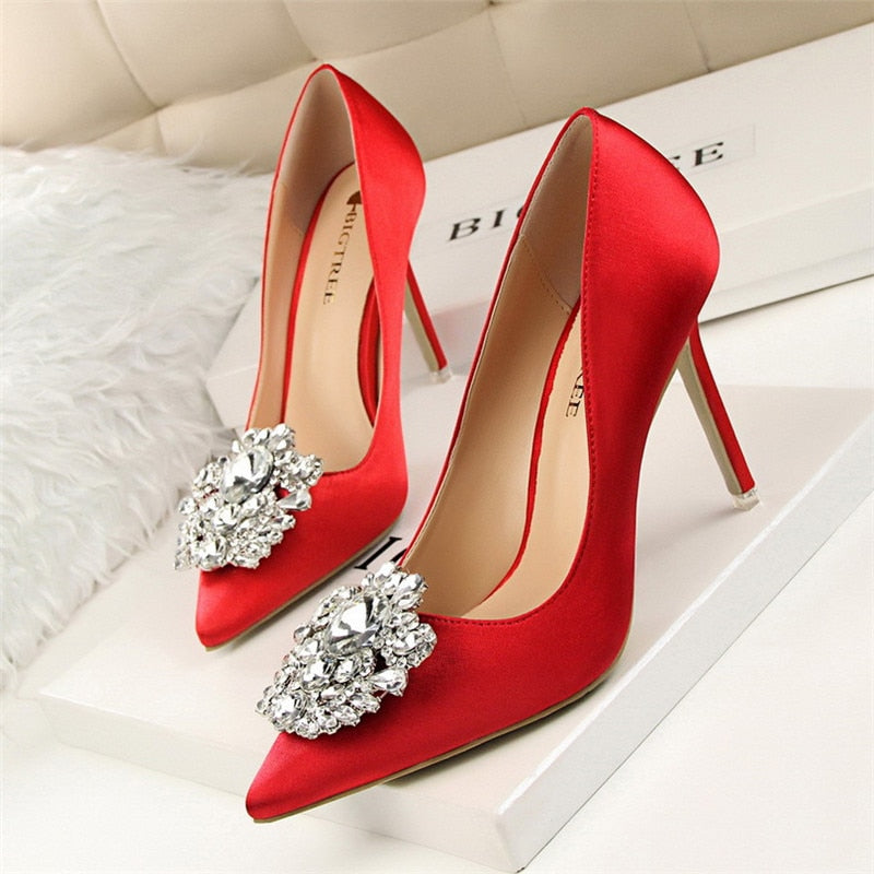 xakxx Silver Gray Black Women Bridal Wedding Shoes Faux Silk Satin Rhinestone Crystal Shallow Woman Pumps Stiletto High Heel