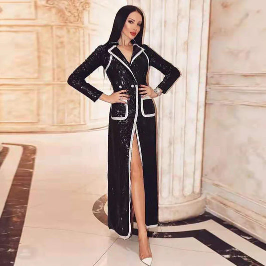 xakxx new women&#39;s fashion jacket sexy black sequins V-neck long-sleeved double-breasted long coat women&#39;s long-sleeved windbreake