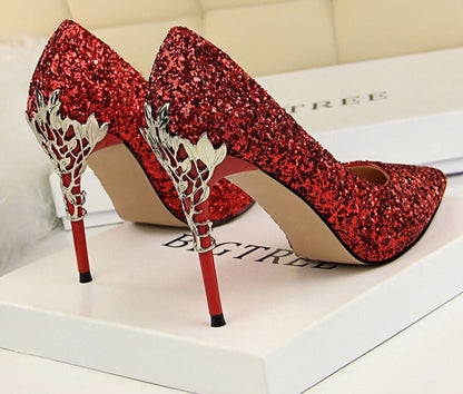 xakxx  New Spring Women Pumps High Thin Heels Pointed Toe Metal Decoration Sexy Bling Bridal Wedding Women Shoes Gold High Heels