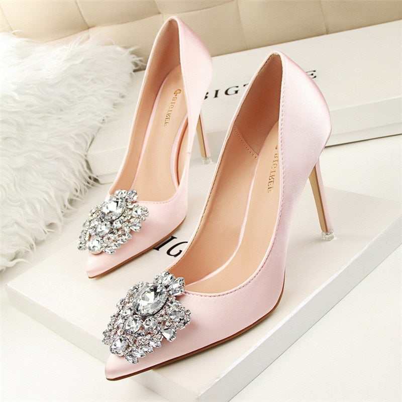 xakxx Silver Gray Black Women Bridal Wedding Shoes Faux Silk Satin Rhinestone Crystal Shallow Woman Pumps Stiletto High Heel