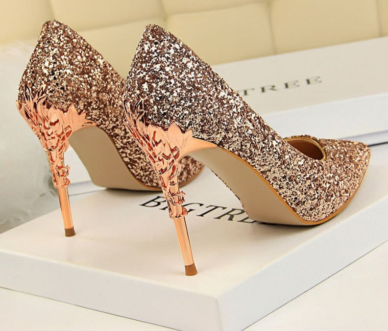 xakxx  New Spring Women Pumps High Thin Heels Pointed Toe Metal Decoration Sexy Bling Bridal Wedding Women Shoes Gold High Heels