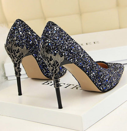 xakxx  New Spring Women Pumps High Thin Heels Pointed Toe Metal Decoration Sexy Bling Bridal Wedding Women Shoes Gold High Heels