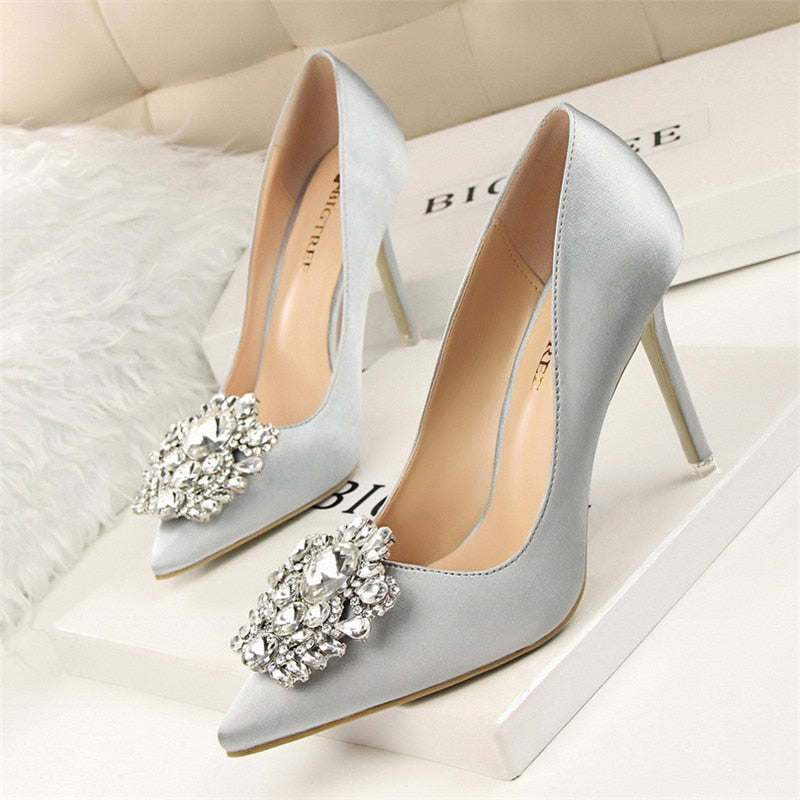 xakxx Silver Gray Black Women Bridal Wedding Shoes Faux Silk Satin Rhinestone Crystal Shallow Woman Pumps Stiletto High Heel