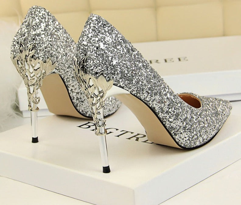 xakxx  New Spring Women Pumps High Thin Heels Pointed Toe Metal Decoration Sexy Bling Bridal Wedding Women Shoes Gold High Heels