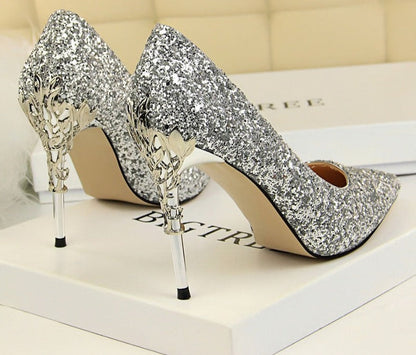 xakxx  New Spring Women Pumps High Thin Heels Pointed Toe Metal Decoration Sexy Bling Bridal Wedding Women Shoes Gold High Heels