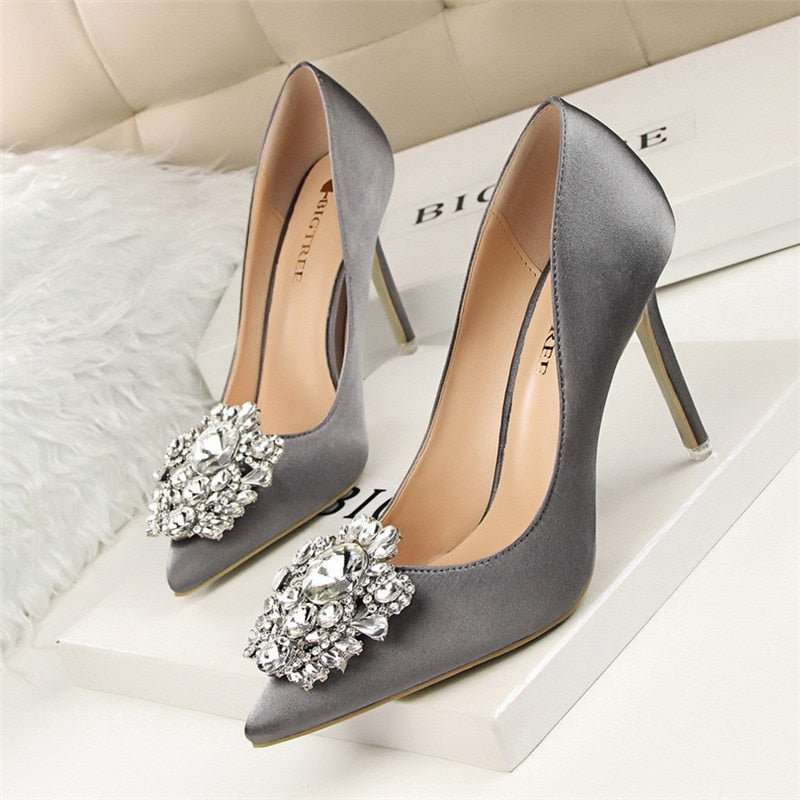 xakxx Silver Gray Black Women Bridal Wedding Shoes Faux Silk Satin Rhinestone Crystal Shallow Woman Pumps Stiletto High Heel