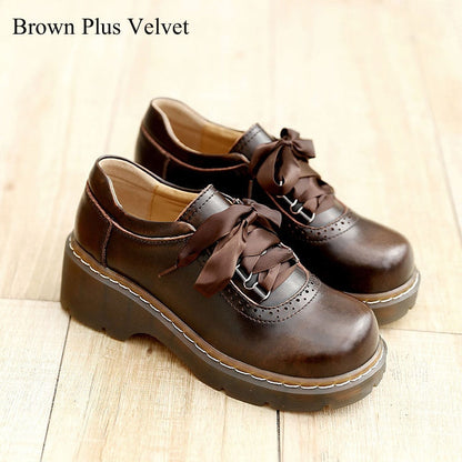 xakxx Women Ribbon Lace Up Oxford Shoes Genuine Split Leather Brogues New Arrival Retro Ladies Flats Zapatos De Mujer1004
