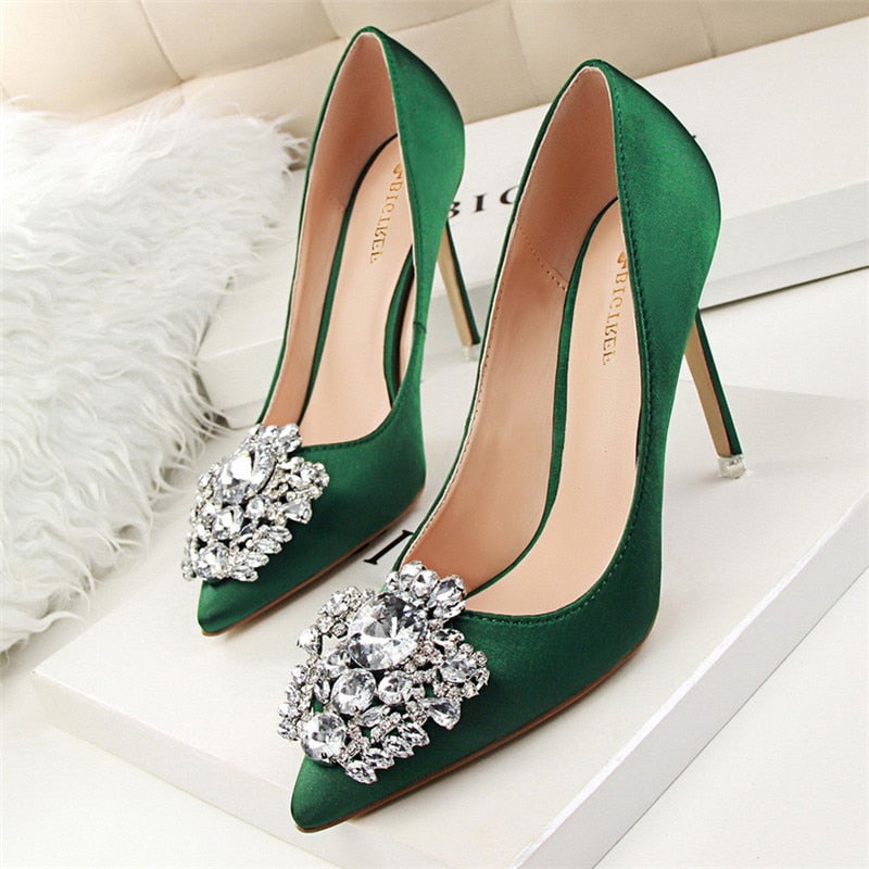 xakxx Silver Gray Black Women Bridal Wedding Shoes Faux Silk Satin Rhinestone Crystal Shallow Woman Pumps Stiletto High Heel