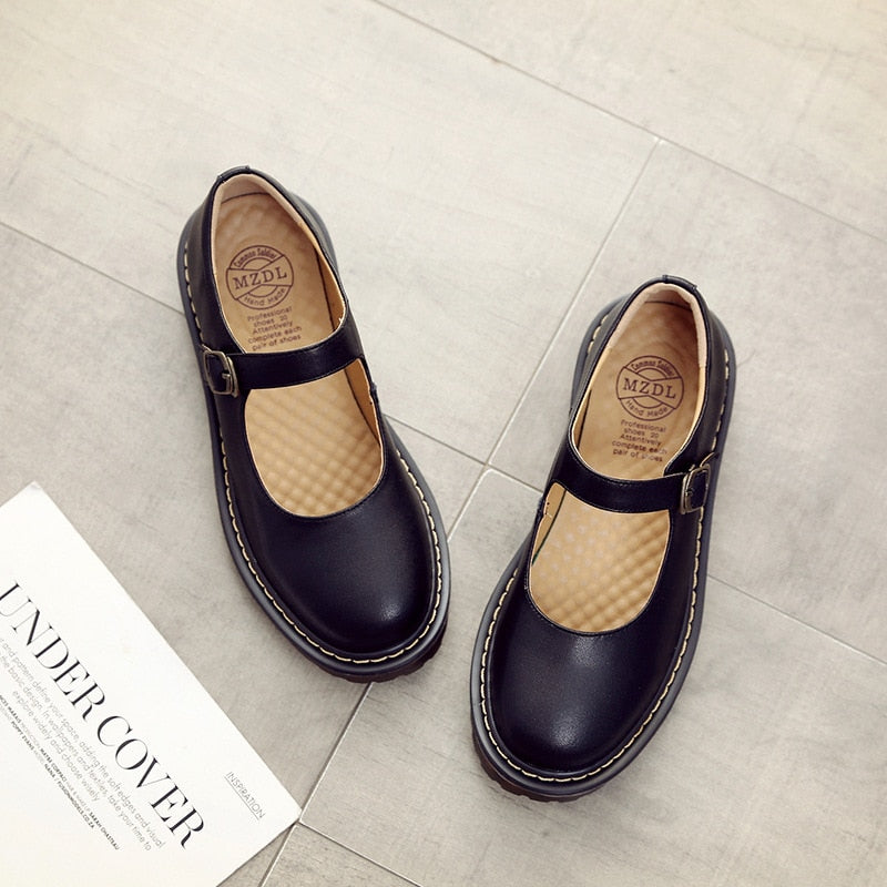 xakxx Retro Buckle Strap Women Mary Janes Shoes Summer Solid Color Shallow Shoes Ladies Spring Autumn Cow Split Leather Comfort Pumps