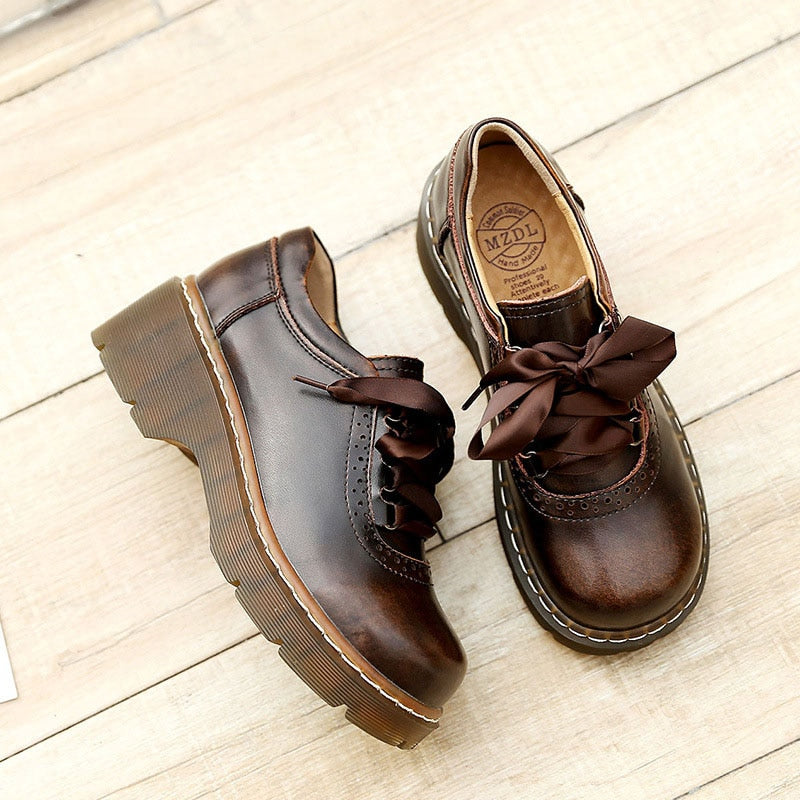 xakxx Women Ribbon Lace Up Oxford Shoes Genuine Split Leather Brogues New Arrival Retro Ladies Flats Zapatos De Mujer1004