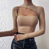 Sexy Off Shoulder Cut Off Patchwork Spring Shirts  Women Hollow Out O Neck Elegant Blouse Autumn Long Sleeve Rib Tops Blusas