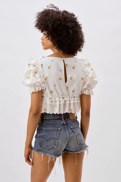 xakxx Women Sweet Fashion Floral Embroidery Ruffled Blouses Vintage V Neck Short Sleeve Female Shirts Blusas Chic Tops