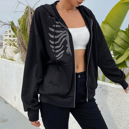 xakxx Y2K Rhinestone Skeleton Zip Up Hoodies Women Oversized Sweatshirts Winter Grunge Gothic Black Hooded Female Jackets Streetwear