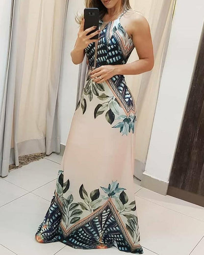 xakxx Back to School  Summer Women Sleeveless Elegant Fashion Party Dresses Vacation Holiday Tripical Print Spaghetti Strap Maxi Dress