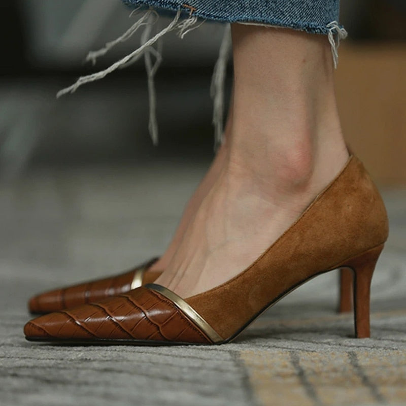 xakxx Autumn Women High Heels Pointed Toe Ladies Pumps Shoes Patchwork PU Leather Elegant Stiletto Women's Shoes