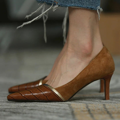 xakxx Autumn Women High Heels Pointed Toe Ladies Pumps Shoes Patchwork PU Leather Elegant Stiletto Women's Shoes