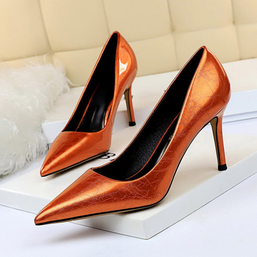 xakxx  Women 8Cm High Heels Pumps Plus Size 43 Pointed Toe Luxury Valentine Lady Shoes Low Heel Scarpins Yellow Green Blue Pumps