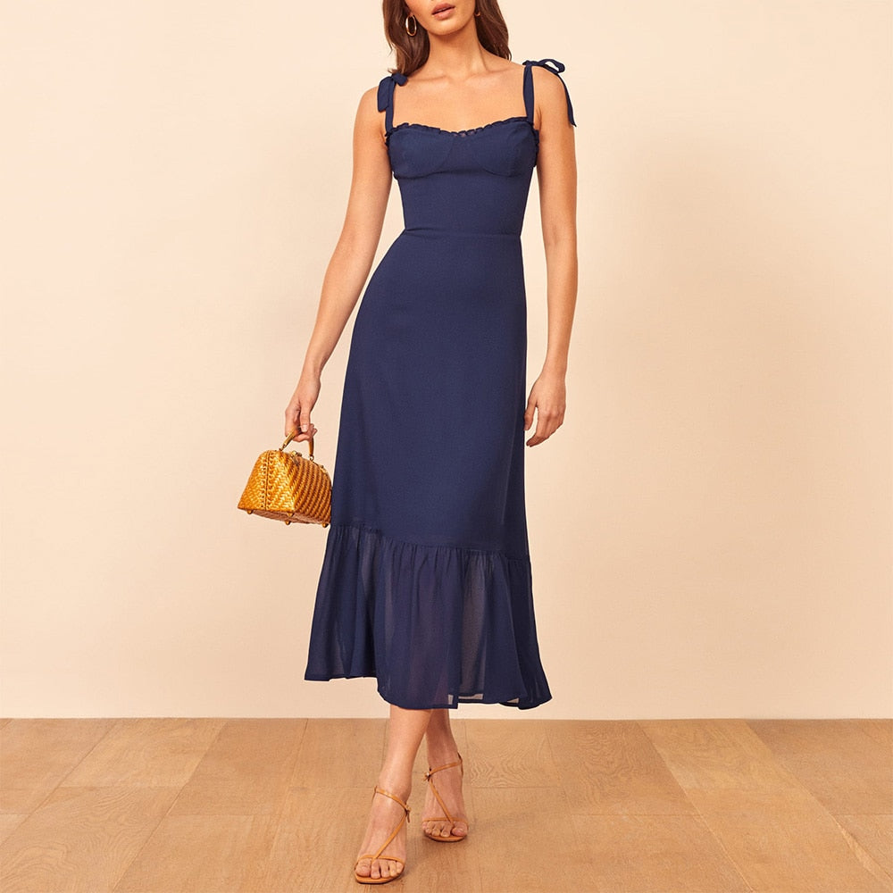 xakxx Dresses For Women Party Elegant Ruffle Hem Beach Summer Dress Sweetheart Neck Tie Strap Tropical Print Chiffon Midi Dress