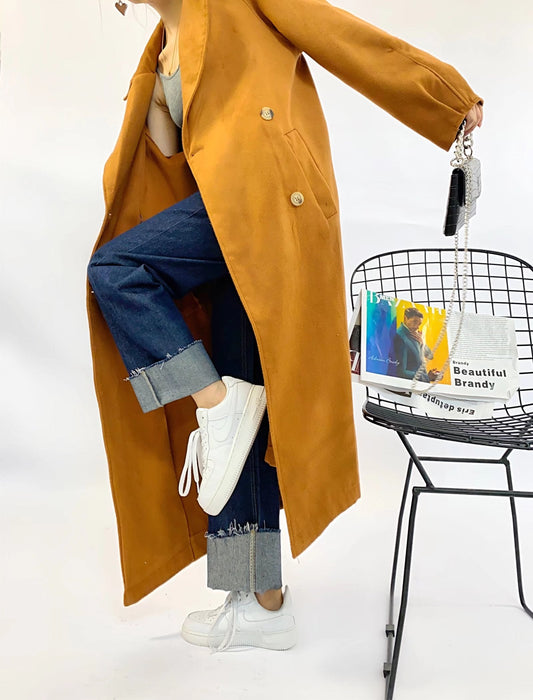 xakxx Women  Autumn New Caramel Colour Long Section Jacket Overcoat Vintage Long Sleeve Double Breasted Female Outerwear Chic Tops