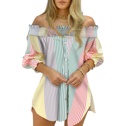 xakxx Back to School  Women Fashion Striped Print Shirt Lady Long Sleeve Blouse Off Shoulder Ruched Button Design Casual Tops