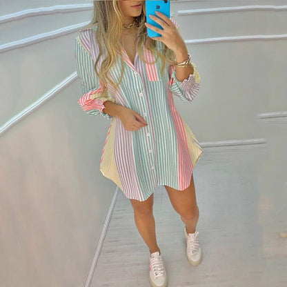 xakxx Back to School  Women Fashion Striped Print Shirt Lady Long Sleeve Blouse Off Shoulder Ruched Button Design Casual Tops