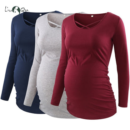 xakxx Women's Maternity Long Sleeve Pregnant Blouses Tops Flattering Side Ruching Maternity Clothes Pregnancy T-Shirt