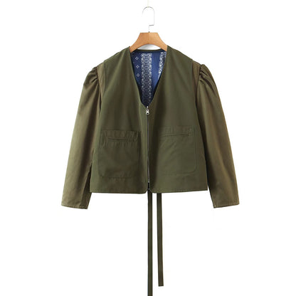xakxx Autumn Fashion Jackets High Quality Women Vintage Prints Front Zip Long Sleeve Casual Loose Tops Coat Ladies Green Jacket